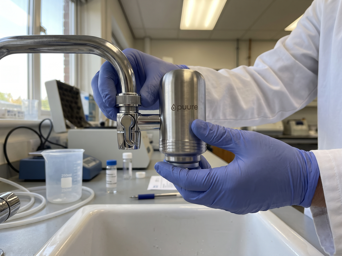 Technicien de laboratoire installant un filtre Puure® sur un robinet pour le tester